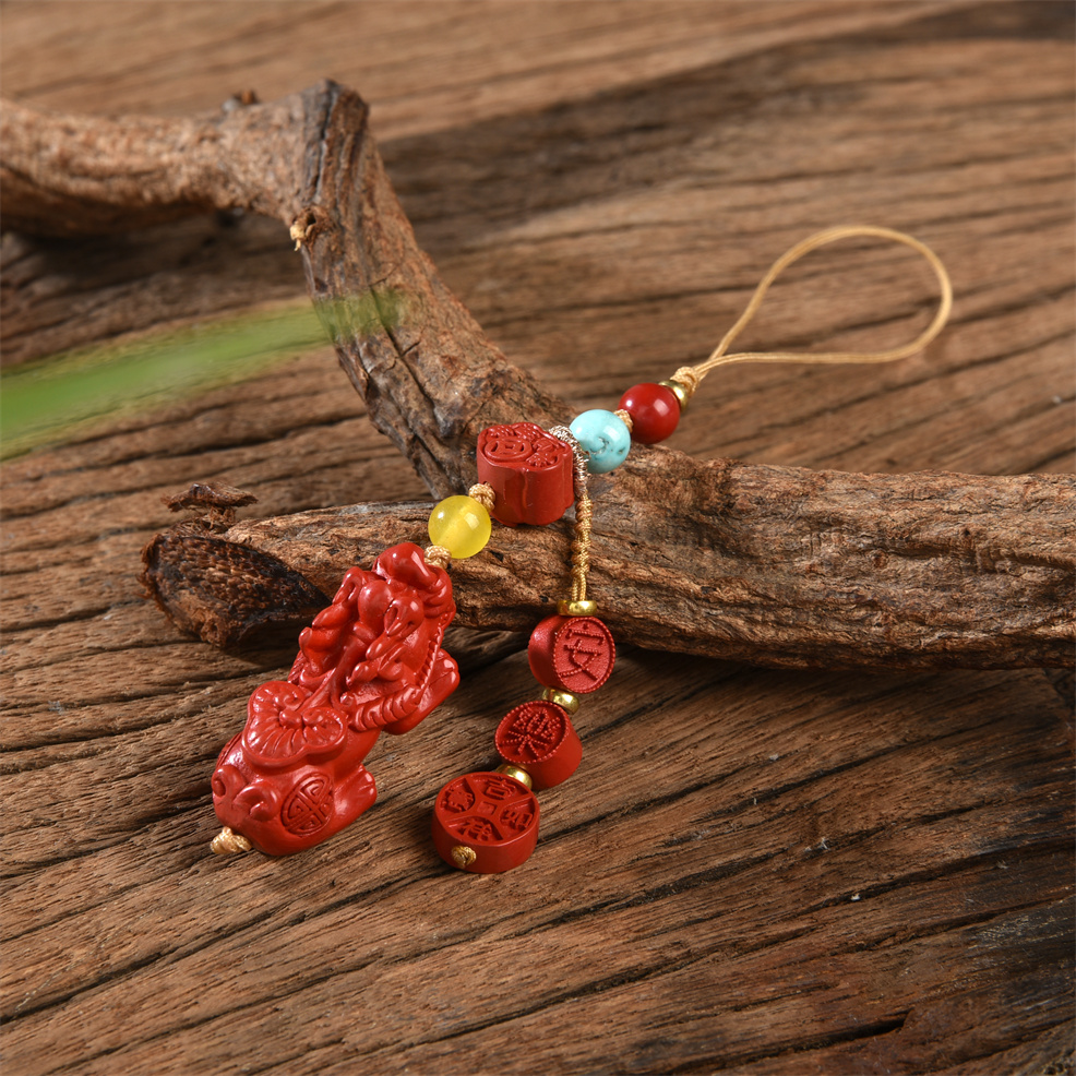 含辰砂工艺品（志）金秋系列~复古文艺平安喜乐貔貅朱砂手机挂