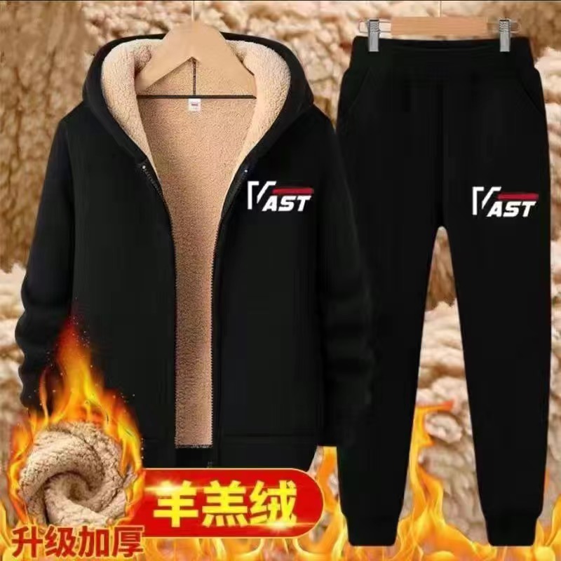 冬季防寒男士羊羔绒加厚卫衣裤子中青年休闲运动服套装男保暖外套
