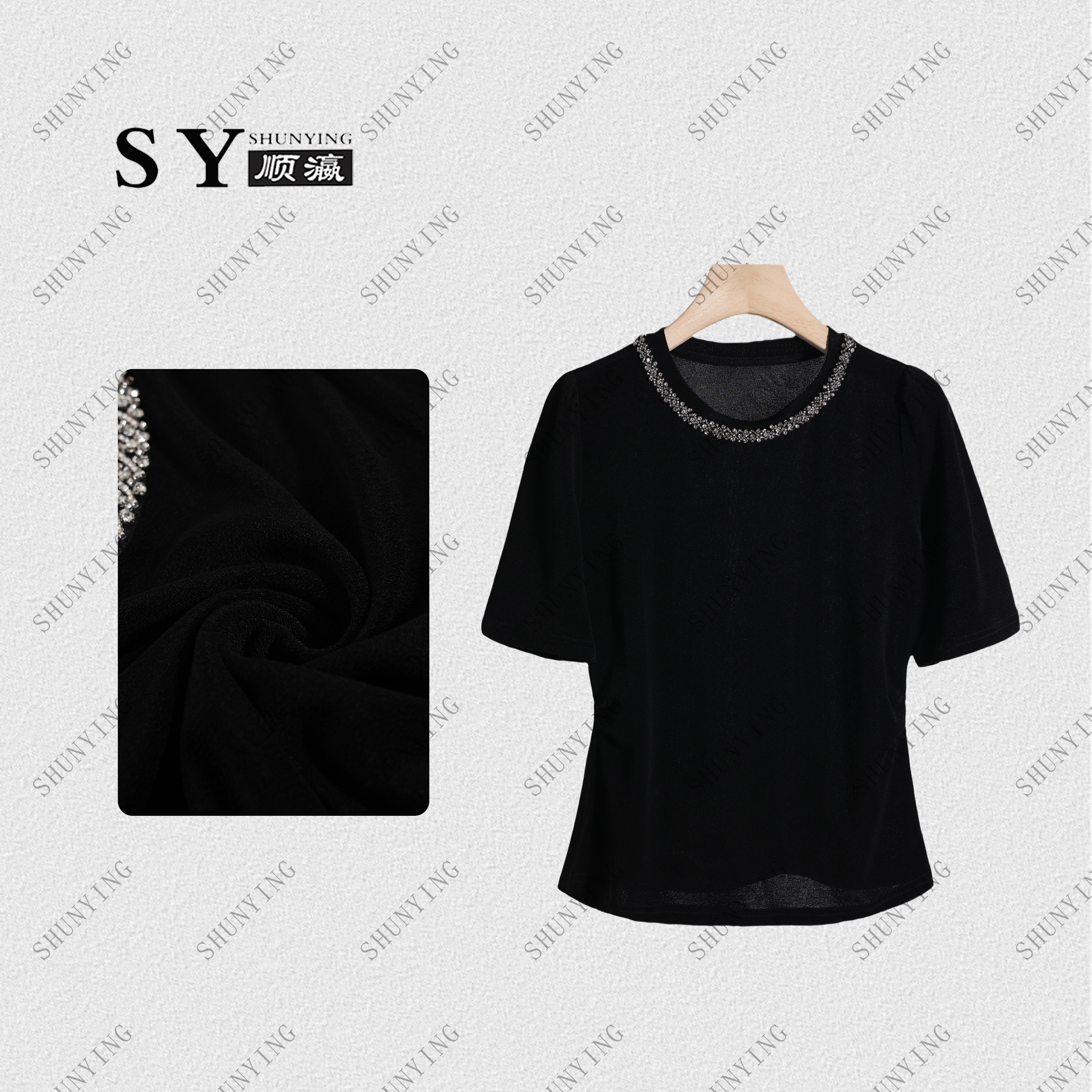 顺瀛【珠光宝气】夏季新款重工镶钻圆领短袖显瘦纯色T恤SY62T9090