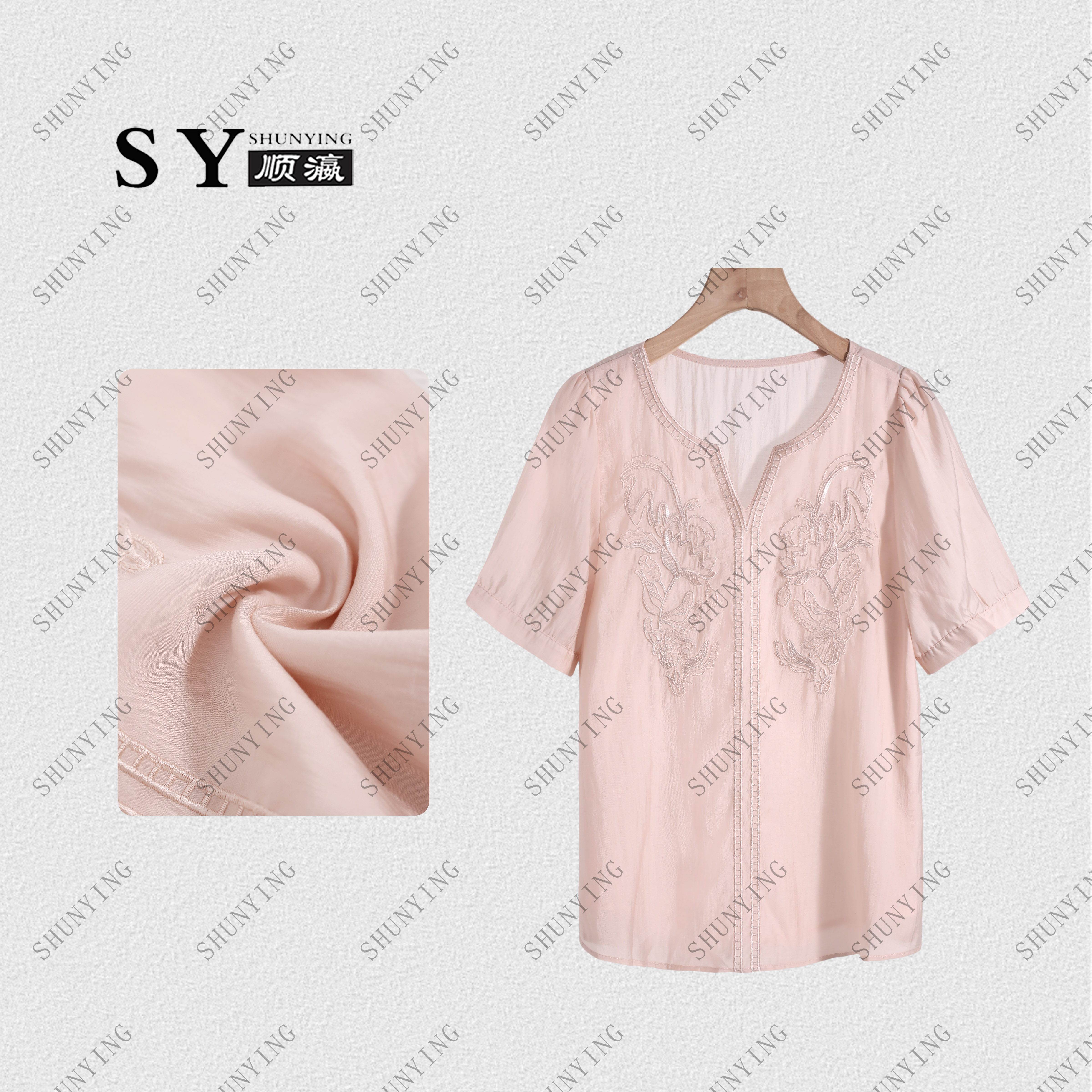 顺瀛【花开半夏】夏季新款百搭宽松显瘦V领绣花短袖小衫SY62C228