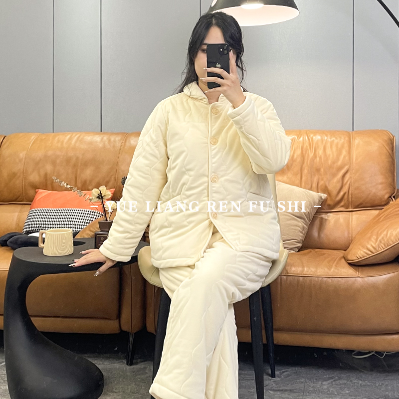 尘熙冬季牛奶绒女士加厚夹棉睡衣加绒保暖可外穿家居服套装1115