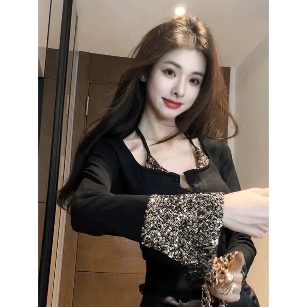 亮片重工拼接挂脖T恤春季新款法式显瘦长袖上衣短款打底衫