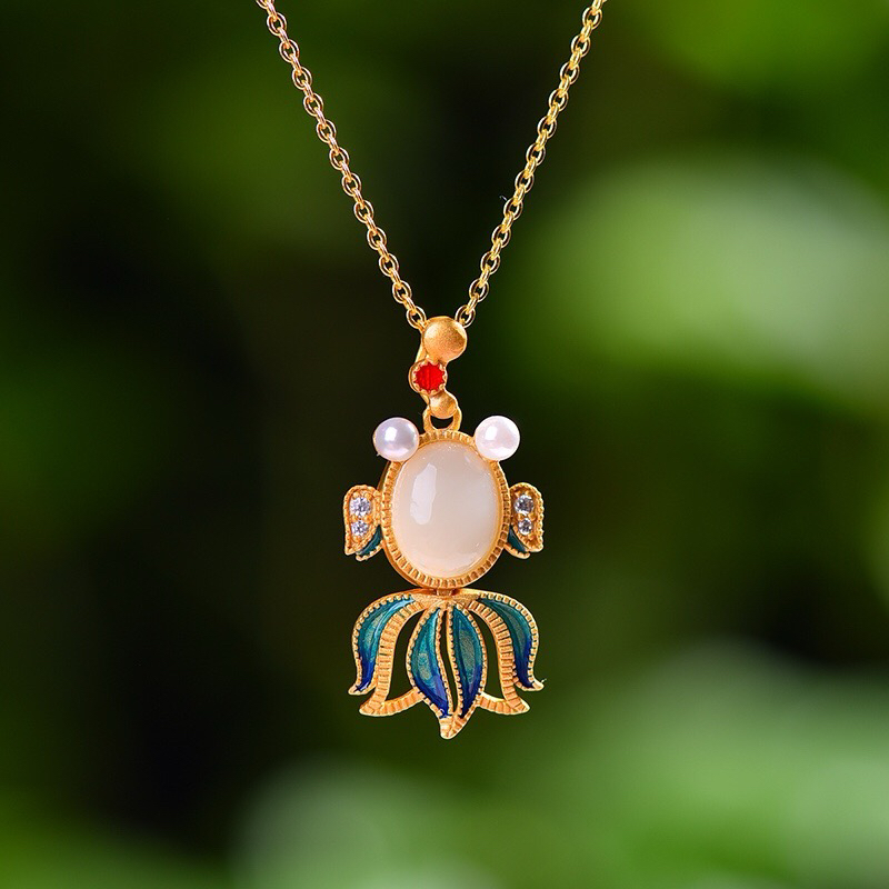 S925银镶嵌天然和田玉小金鱼吊坠金玉良缘26708不含链