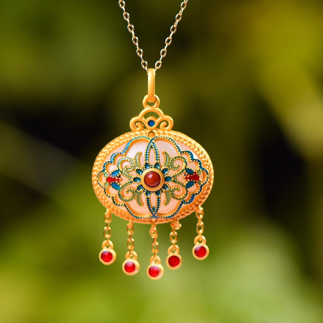 S925银镶嵌天然和田玉珐琅彩流苏吊坠26410不含链