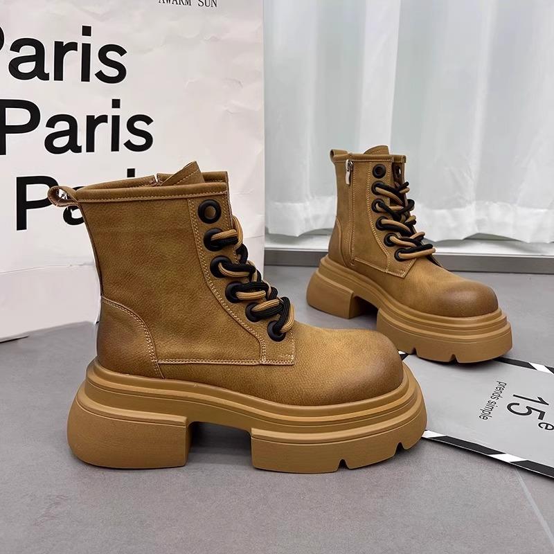 秋冬季回力休闲擦色复古厚底马丁靴女2023秋季新款真皮圆头短筒机