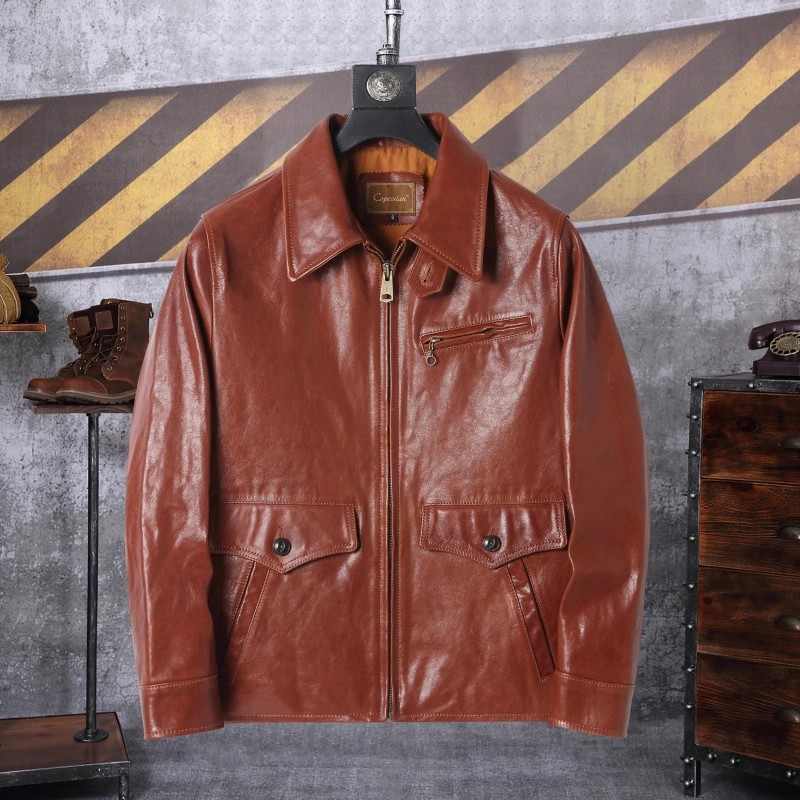 经典机车植鞣头层山羊皮皮夹克男士复古修身真皮皮衣男复古皮衣