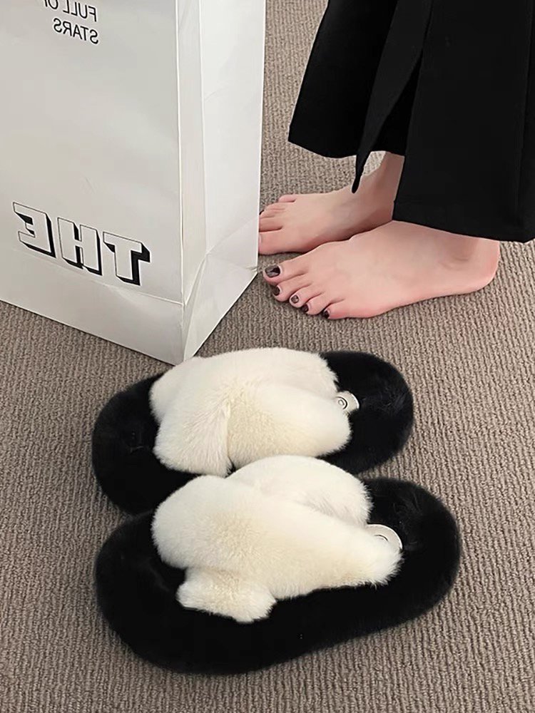 潮款黑白拼色真兔毛拖鞋 跑量款 no退no换