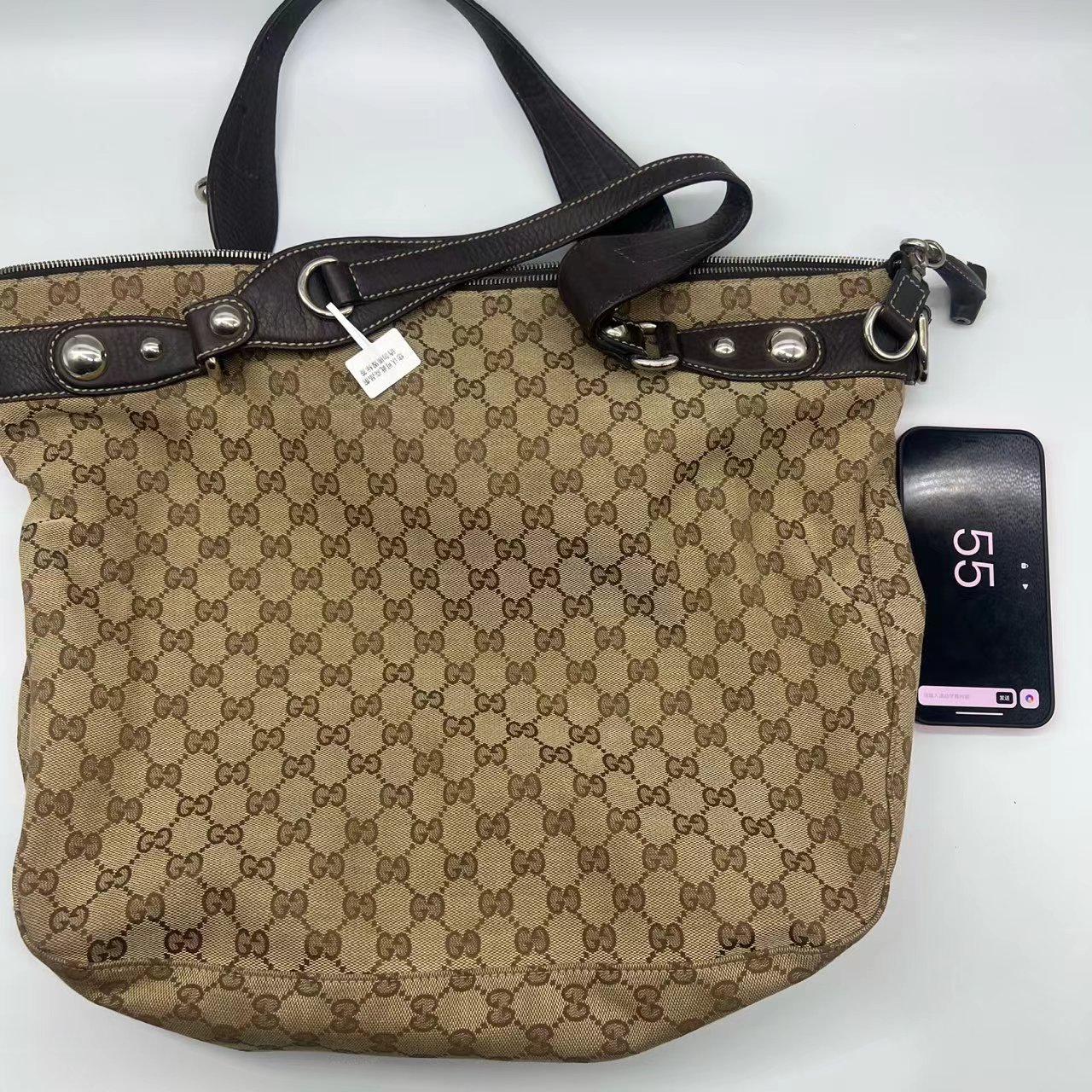 95新 GUCCI/古驰 古驰 棕色 老花 布面拼皮 单肩包 手拎包 32620