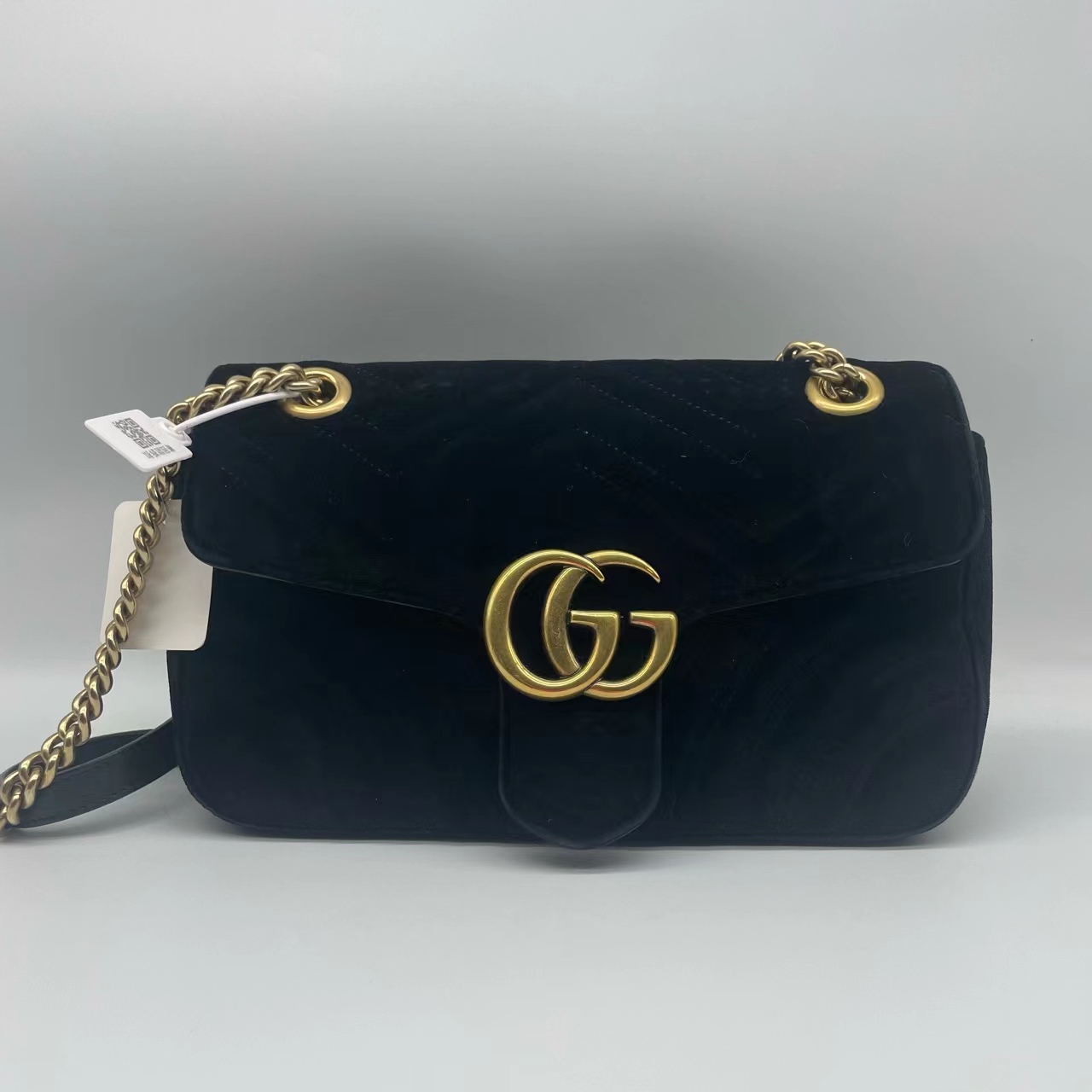 95新 GUCCI/古驰 古驰/Gucci 黑金 丝绒 马蒙 单肩包 斜挎包32602