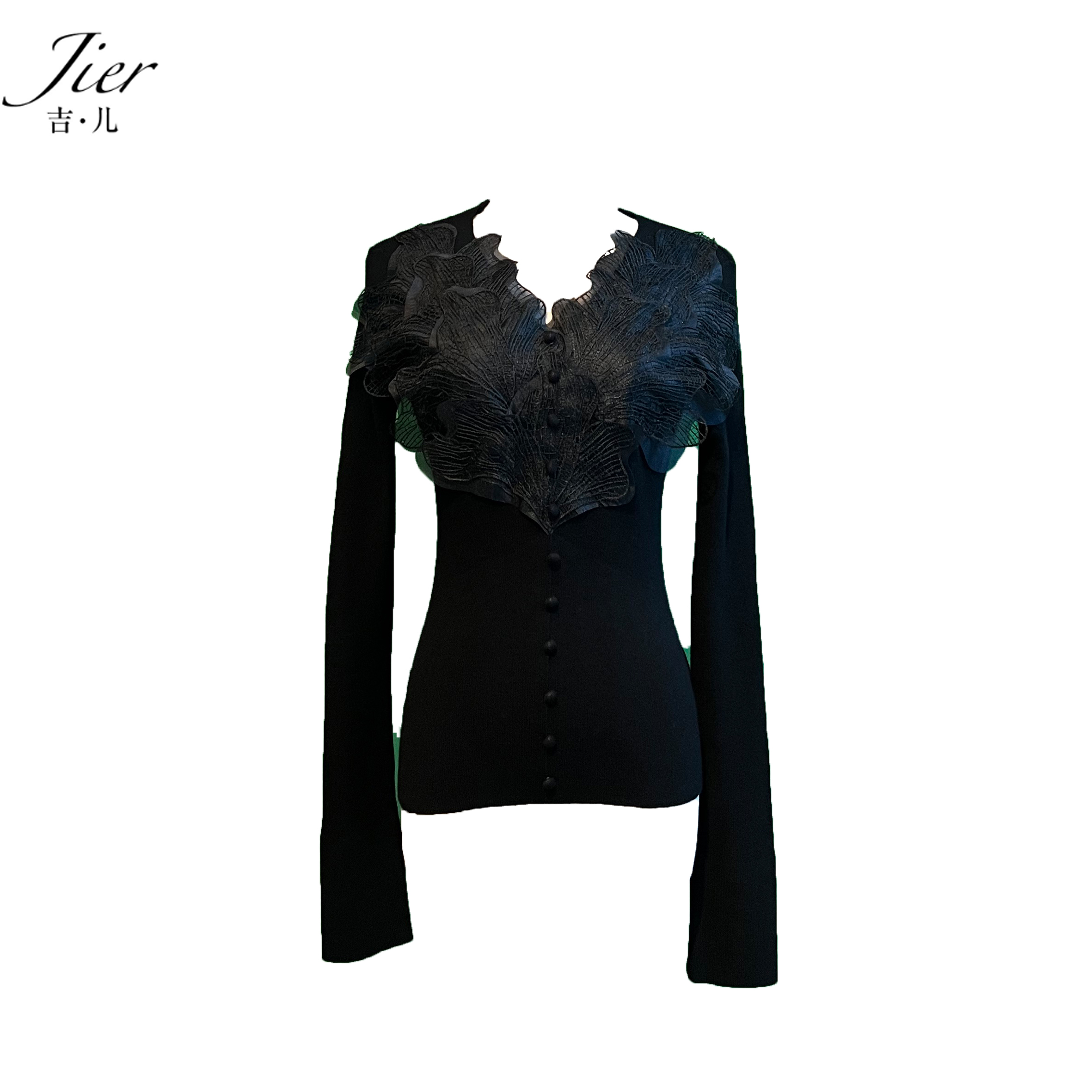 【Jier吉儿】原创设计师 气质长袖针织蕾丝镂空时尚优雅设计感上衣