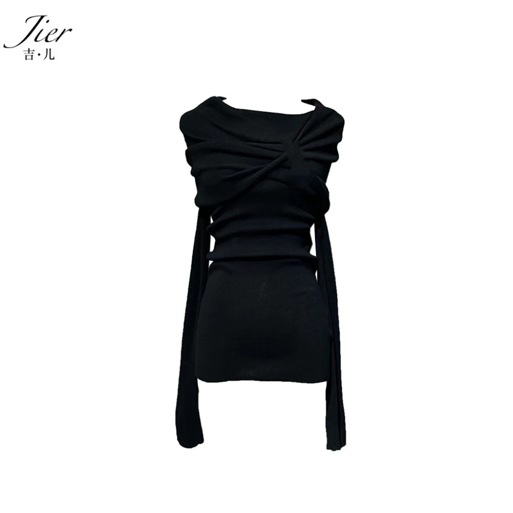 【Jier吉儿】原创设计师 时尚气质轻奢针织披肩黑色露肩修身上衣
