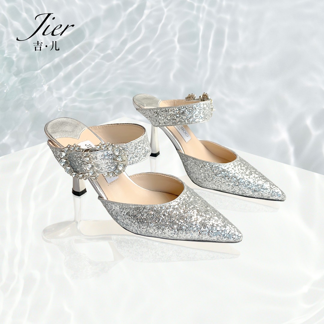 【Jier吉儿】时尚尖头高跟单鞋亮片银色高跟鞋（吉儿自留款）