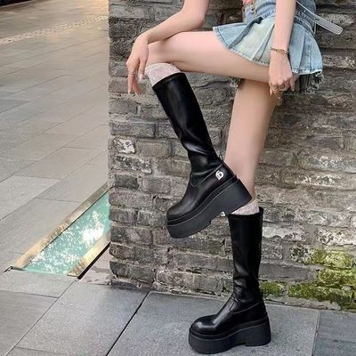 欧美风不过膝长筒靴厚底靴子女弹力瘦瘦靴增高筒骑士辣妹长靴