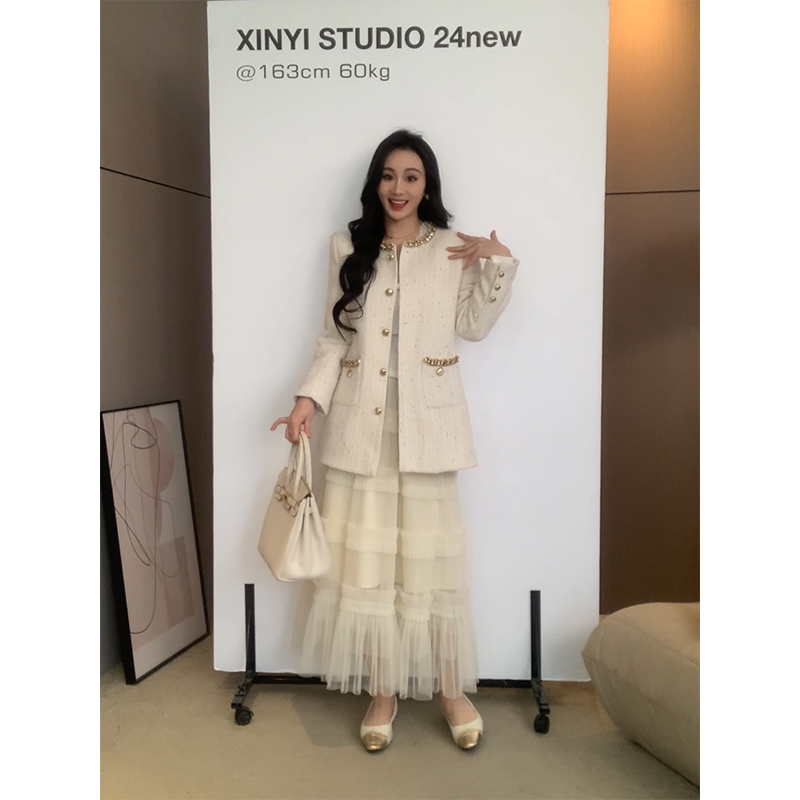 XINYI【京都大小姐】秋冬钉钻羊毛小香羽绒外套显瘦裙X624R20462