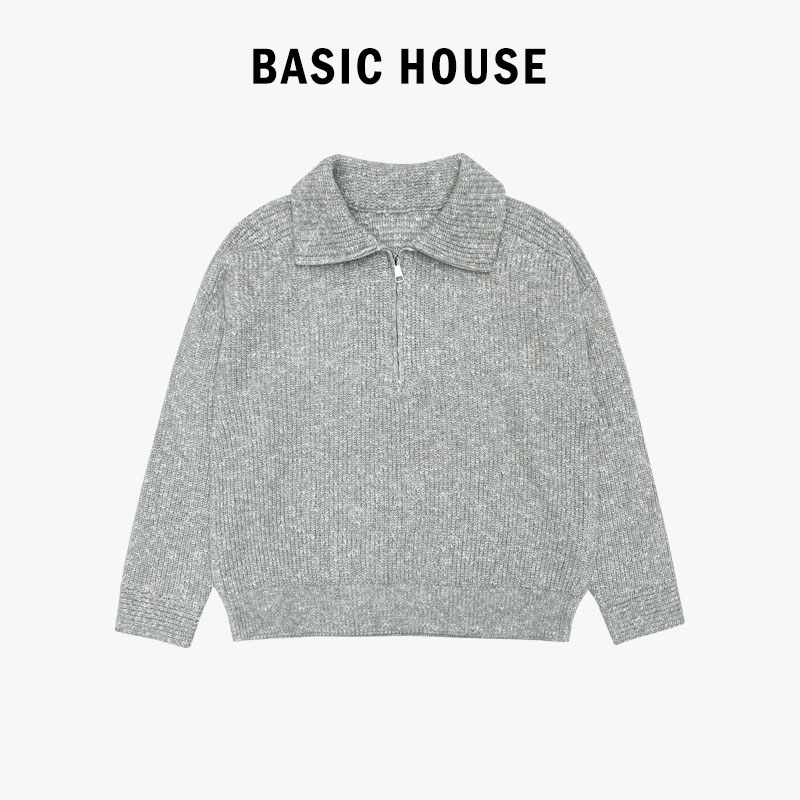 Basic House/百家好重磅加厚混高级混色拉链高领多穿式宽松毛衣