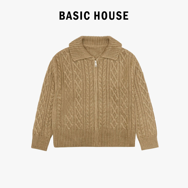 Basic House/百家好法式翻领麻花拉链复古秋冬慵懒风气质毛衣