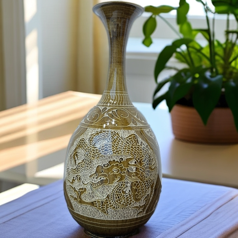 仿古定瓷褐彩剔花玉壶瓶雕刻龙纹中式