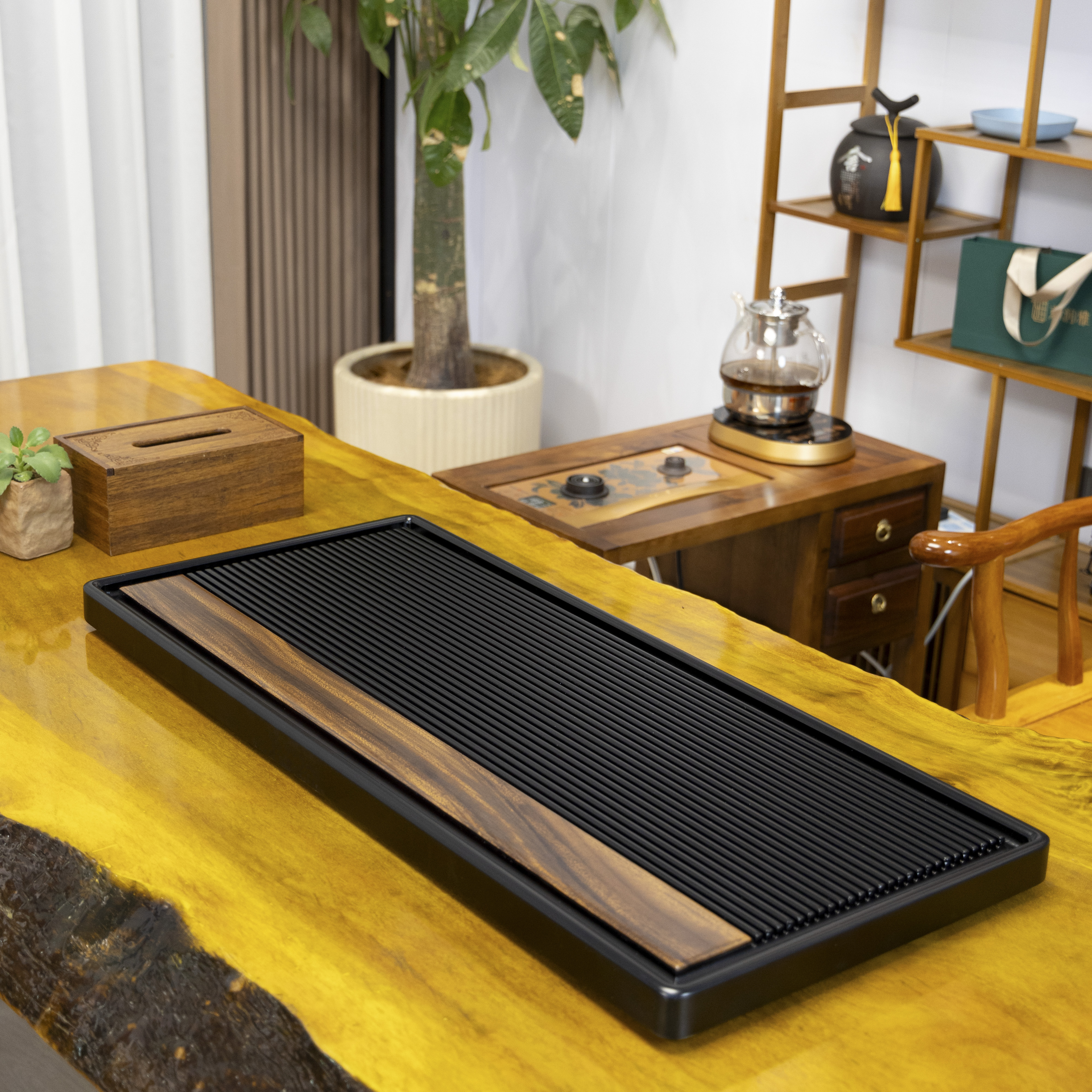 品闲高级双拼整块电木茶盘家用排水胡桃木茶台长方形茶盘功夫茶具