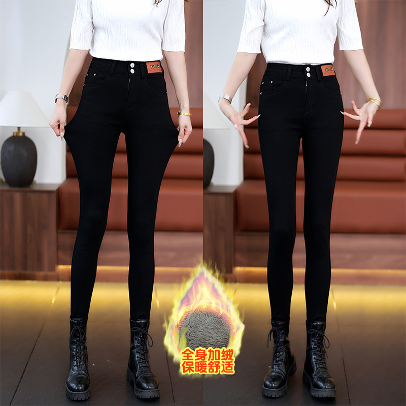 冬季加绒加厚保暖紧身高弹力高腰修身显瘦外穿百搭黑色小脚裤866