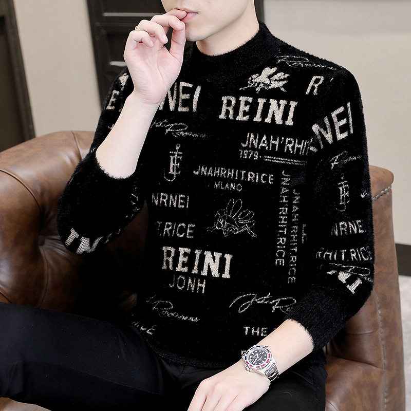 高档水貂绒毛衣半高领男士打底衫冬季防寒加厚印花套头外套针织衫