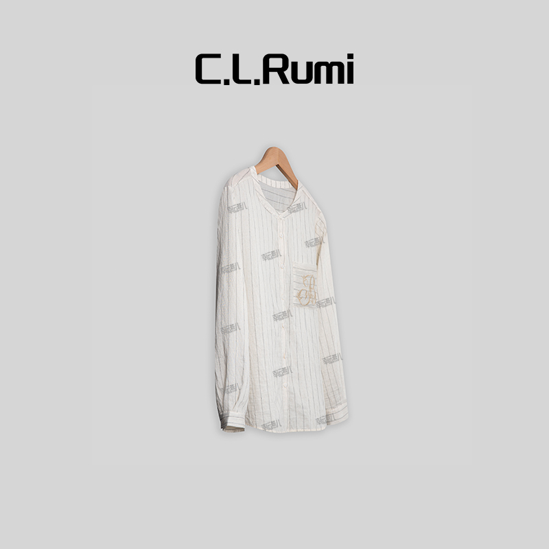 【Rumi精选】“度假麻”气质长袖圆领刺绣宽松夏亚麻衬衫上衣5095cs