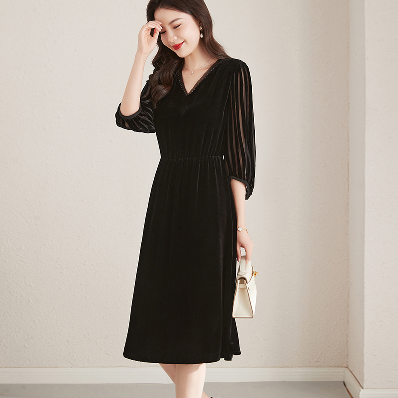 R8615桑蚕丝连衣裙2025秋新款真丝丝绒七分袖裙子