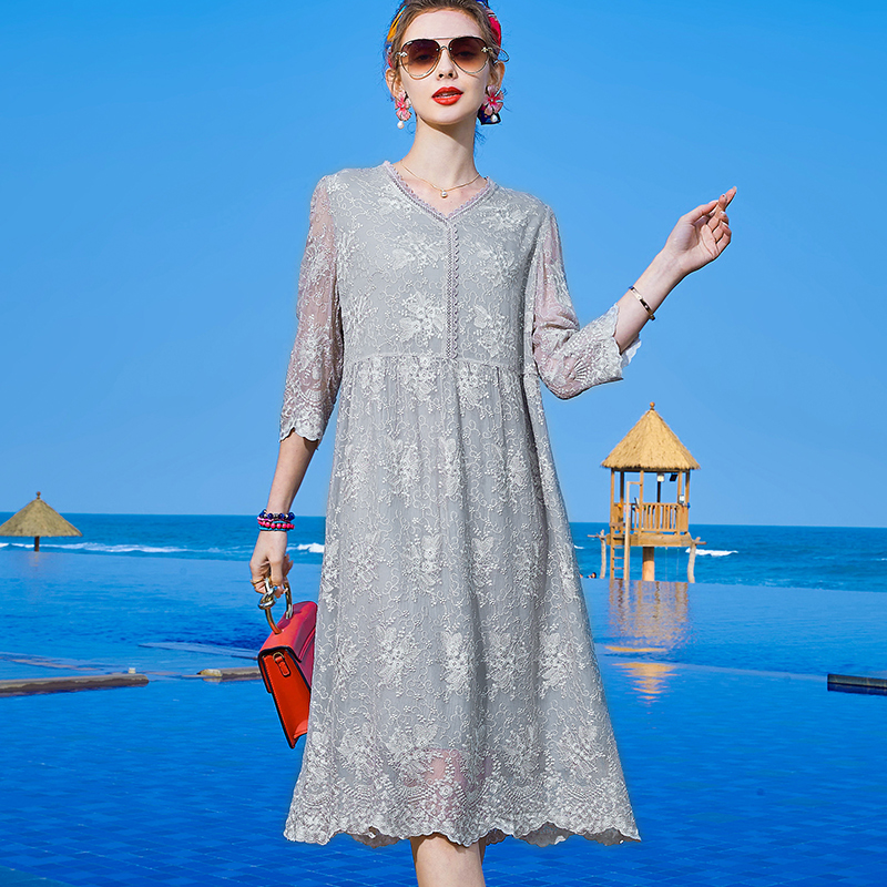 【田老板专属】E8038杏色恩纳斯重磅真丝连衣裙女优雅桑蚕丝中长款