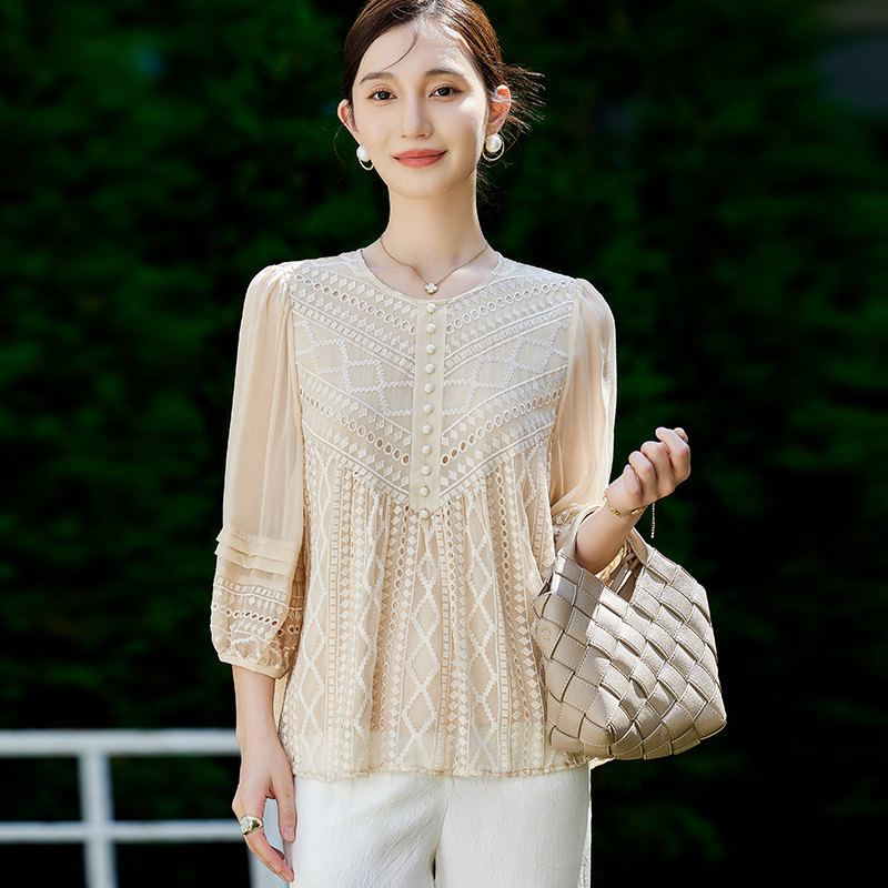 【田老板专属】E6575恩纳斯刺绣真丝上衣女七分袖桑蚕丝小衫女