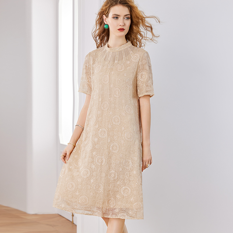 E9638高端真丝连衣裙夏季新款亮片桑蚕丝连衣裙