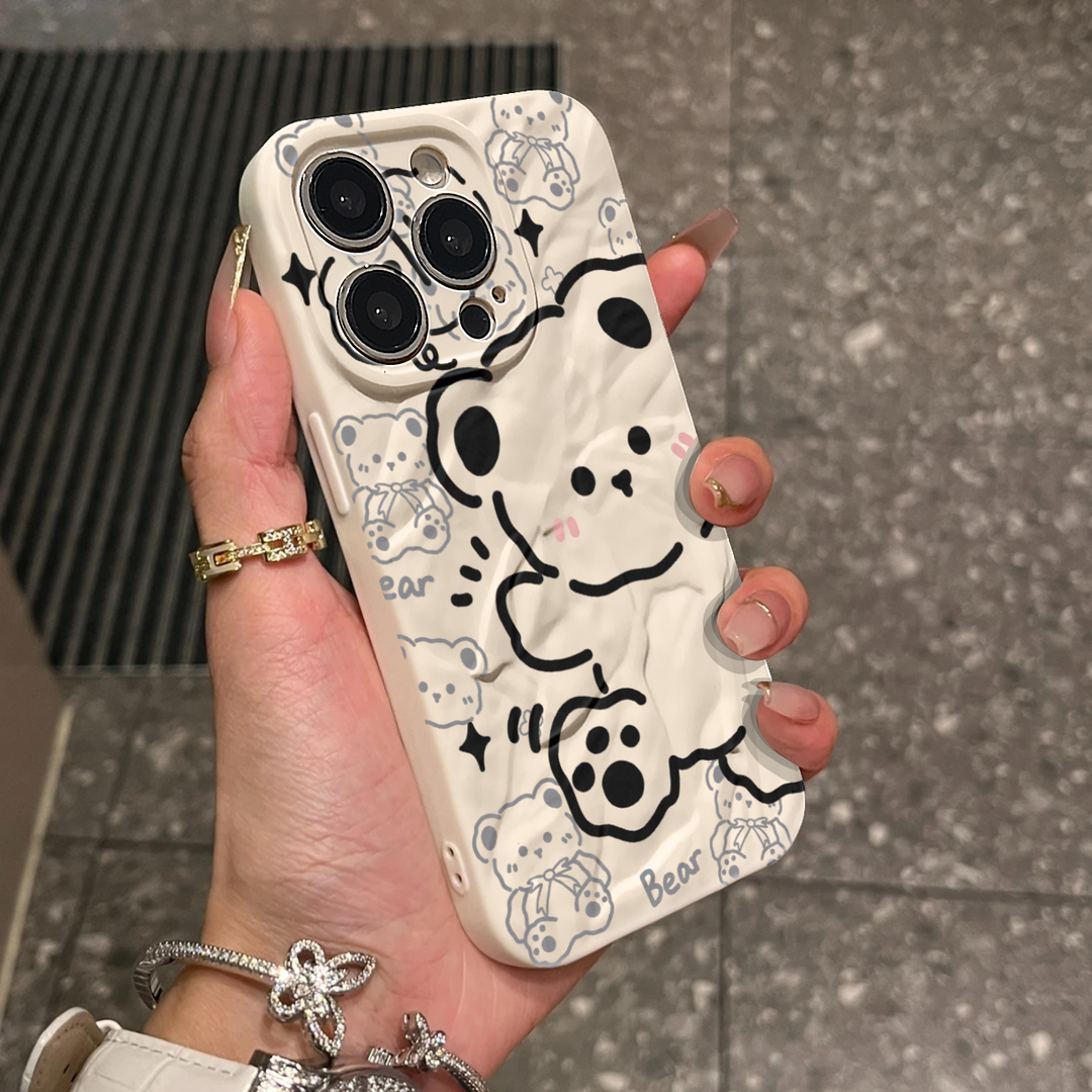 英文小熊苹果15promax手机壳iphone14/13卡通12折皱壳11/xr/8p/7