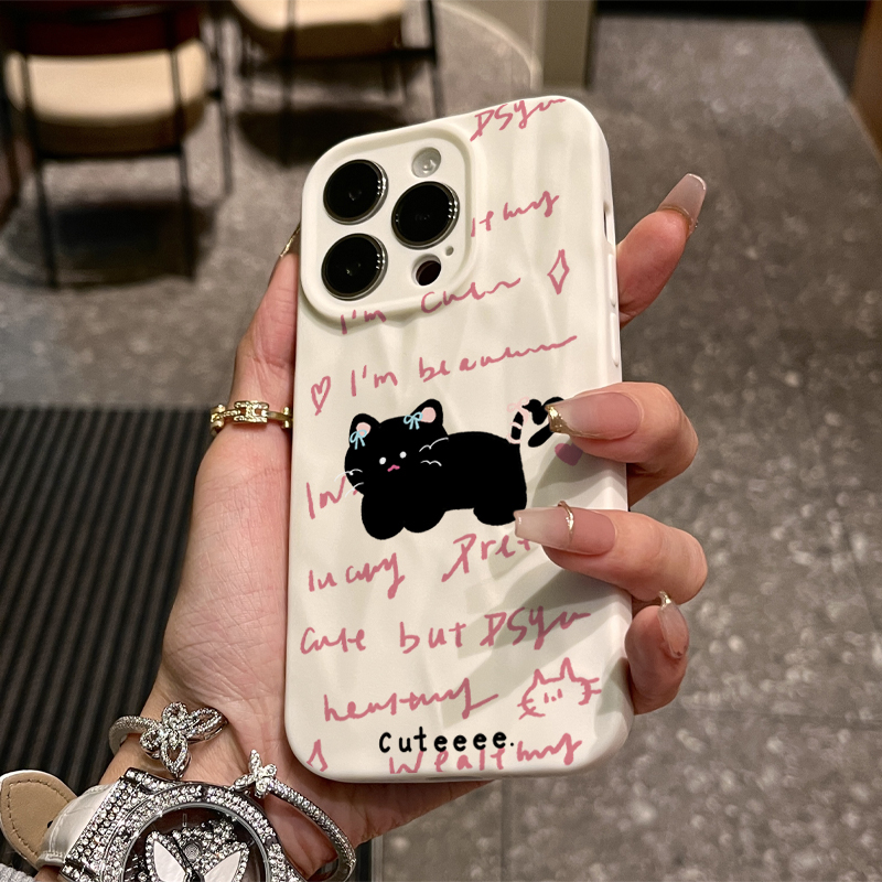 英文黑猫苹果15promax手机壳iphone14/13卡通12折皱壳11/xr/8p/7