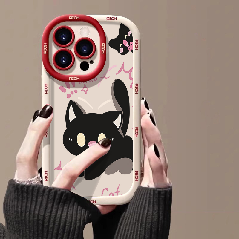 小黑猫咪苹果15promax手机壳iphone14全包13软12新年11泡芙x红7/8