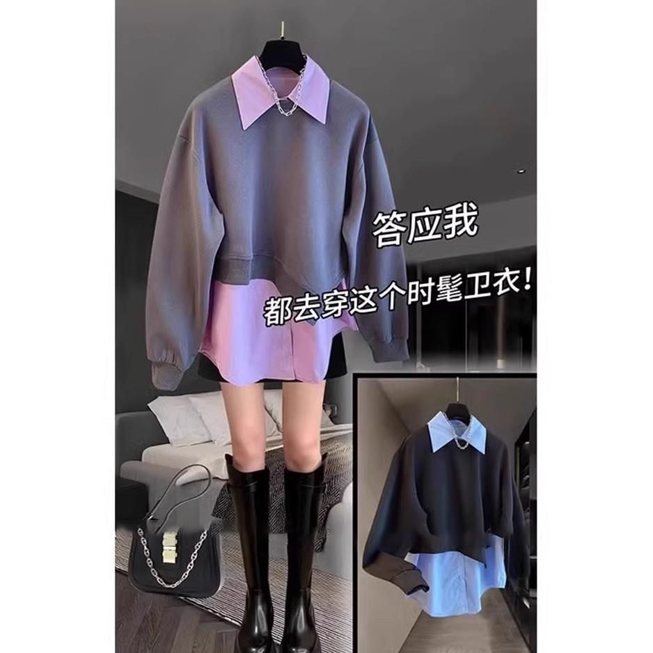 漂亮polo领小众衬衫假两件卫衣女秋冬遮屁股中长款不规则加绒上衣