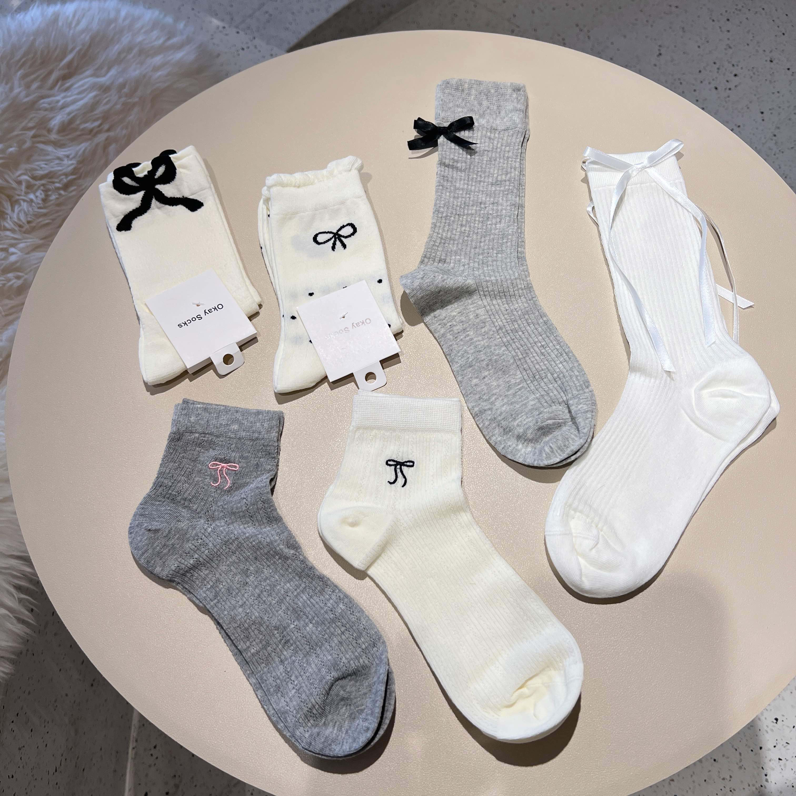 【芭蕾舞曲】miu系女孩夏季薄棉袜透气蝴蝶结中长短袜集合ins灰白韩