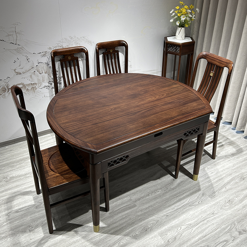 新中式乌金木伸缩餐桌 可折叠可伸缩两用吃饭桌方圆两用餐厅家具
