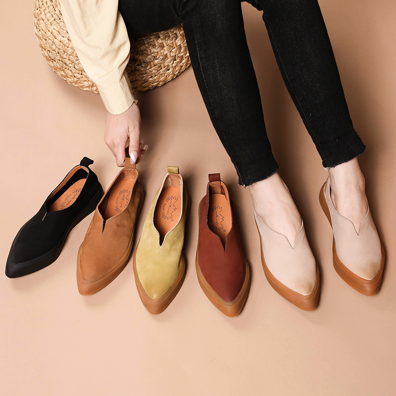 玛菲玛图1298-8春季百搭复古森女鞋尖头平底软底中跟坡跟牛皮单鞋