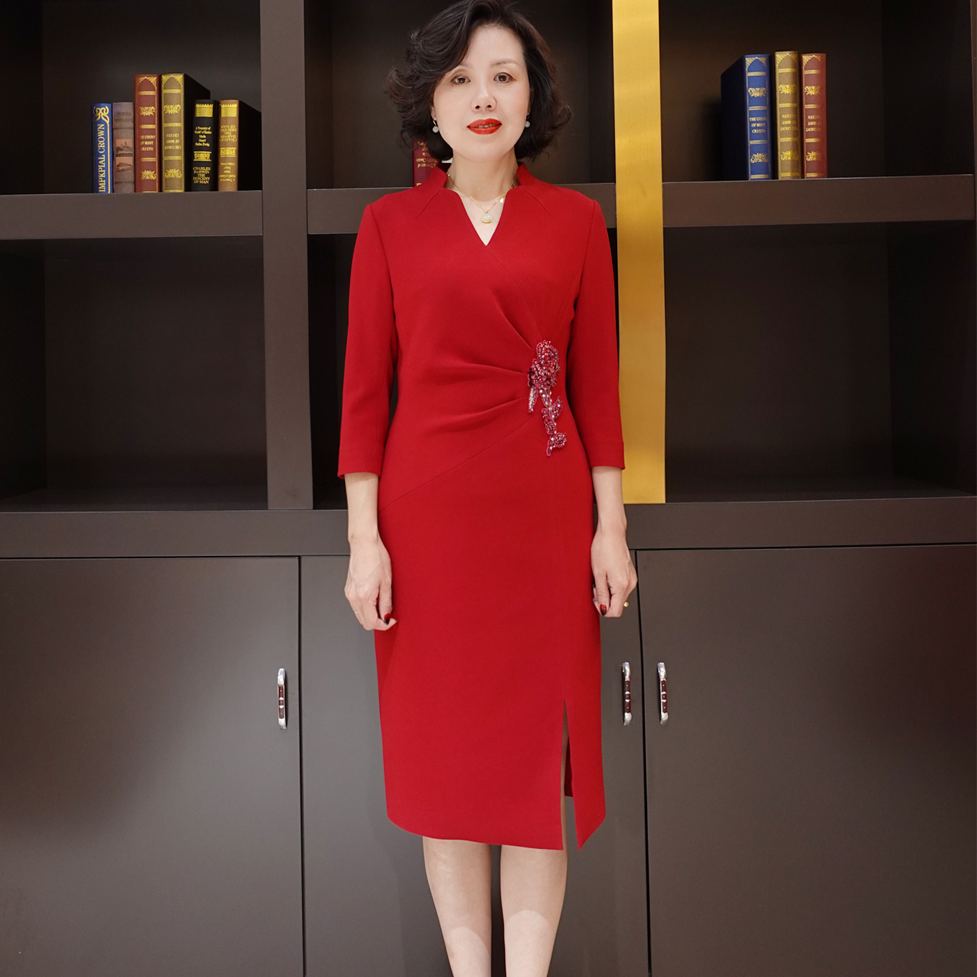 YINGDAK/应大大红色七分袖气质时尚修身装婚宴喜婆婆喜妈妈连衣裙