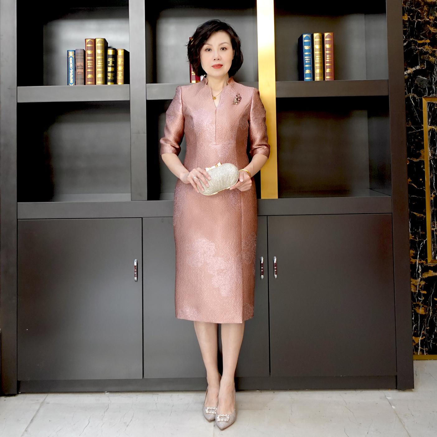 YINGDAK/应大粉橙色提花气质收腹复古场合装婚礼连衣裙