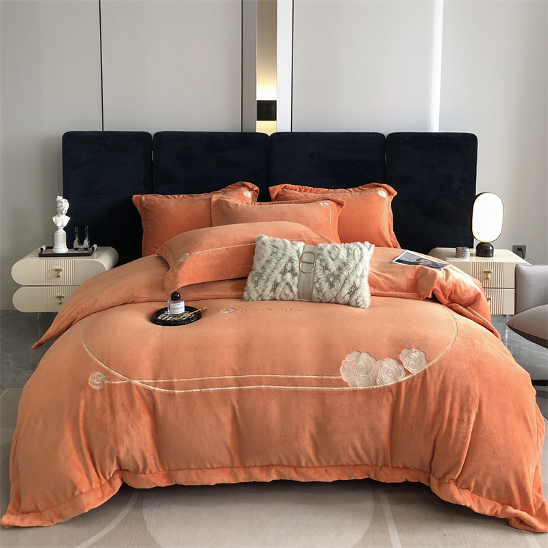 冬季牛奶绒刺绣四件套2023新款双面绒床上用品加厚保暖