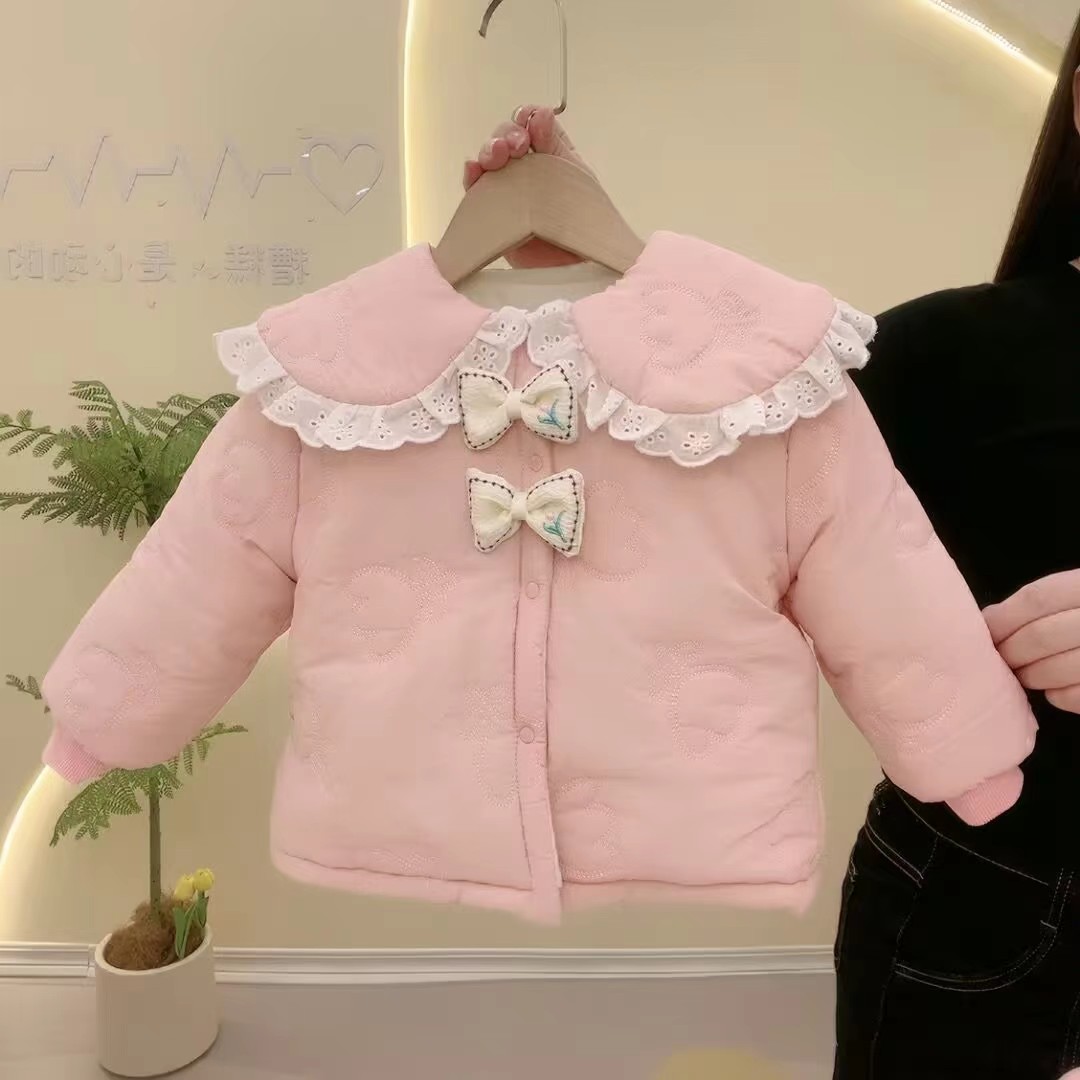 【艺小微】儿童秋冬洋气蝴蝶结加绒加厚娃娃领棉袄时尚女童棉服上衣