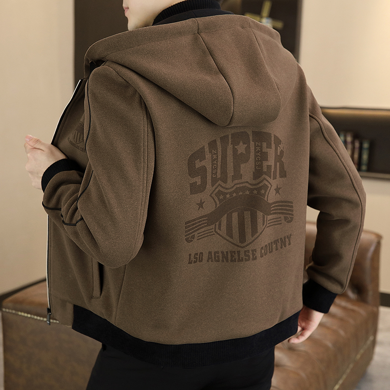 秋冬新款男士加绒加厚呢子外套时尚毛呢连帽夹克长袖保暖男装上衣