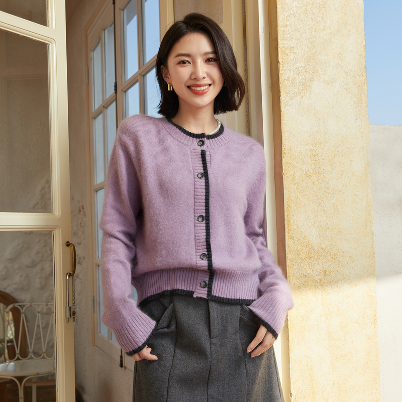 XG/雪歌毛针织衫开衫毛衣粉紫色毛衣春秋百搭宽松XJ411659A802