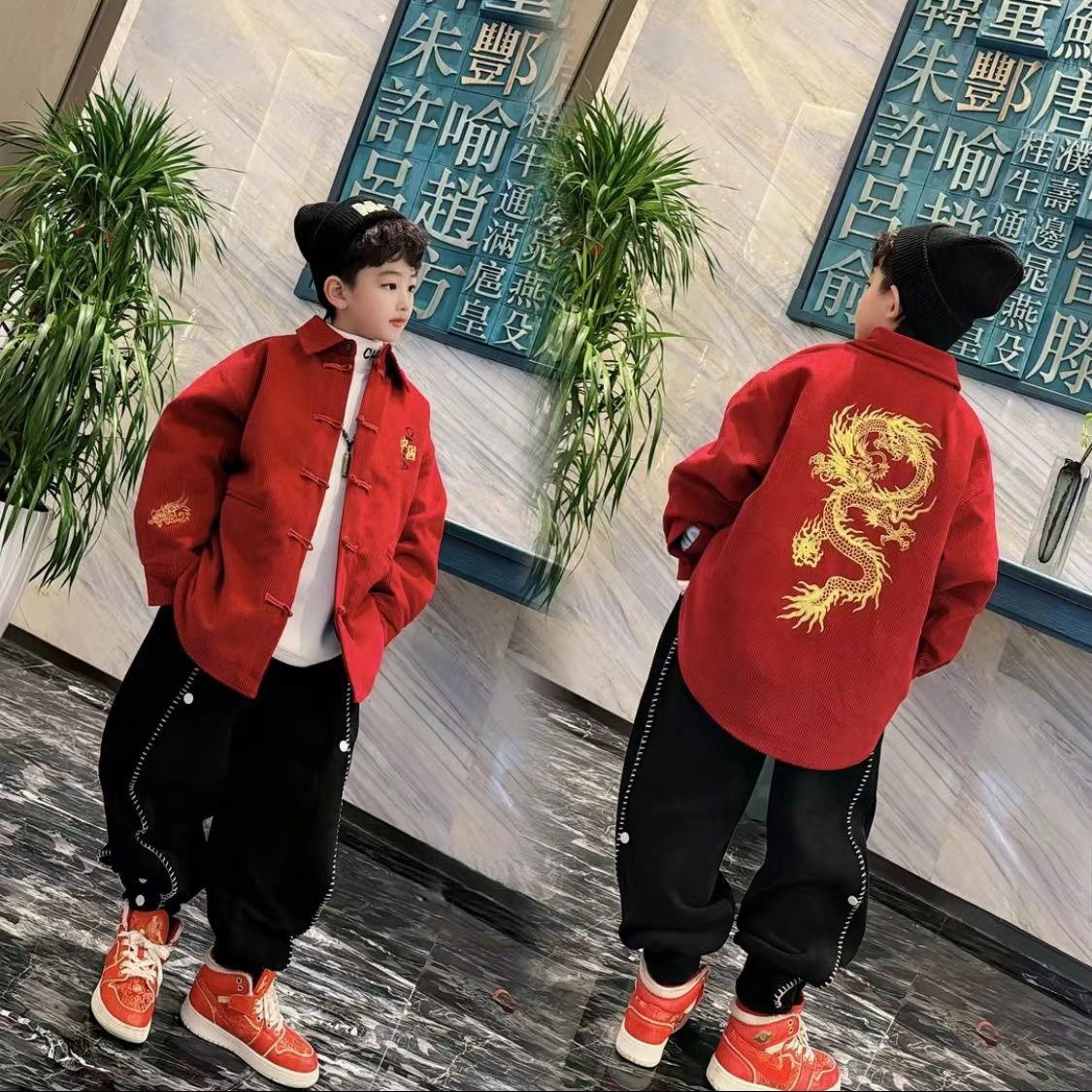 男童冬装加厚绒棉外套2023新款儿童盘扣唐装年服红色喜庆拜年