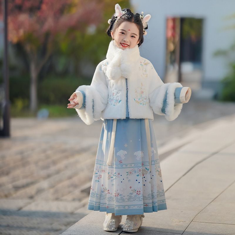 汉服女童冬季加绒儿童加厚新款古风古装中国唐装马面冬装拜年服