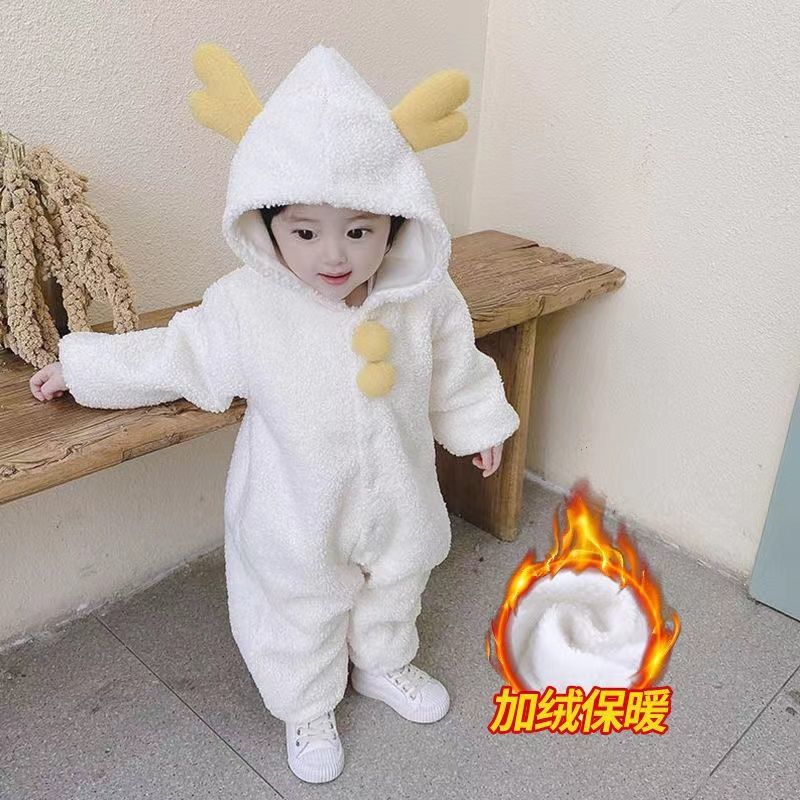 婴儿春秋季外出连体衣男女宝宝哈衣保暖加绒爬服套装加厚衣服儿童