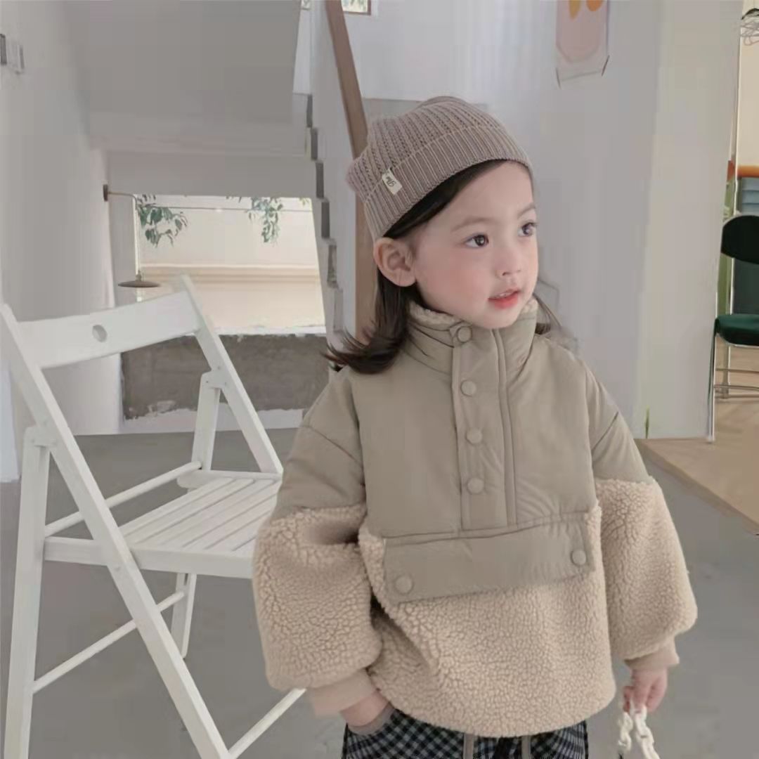 童装儿童冬款棉衣女宝宝宽松拼接毛加绒卫衣中性加厚保暖外套