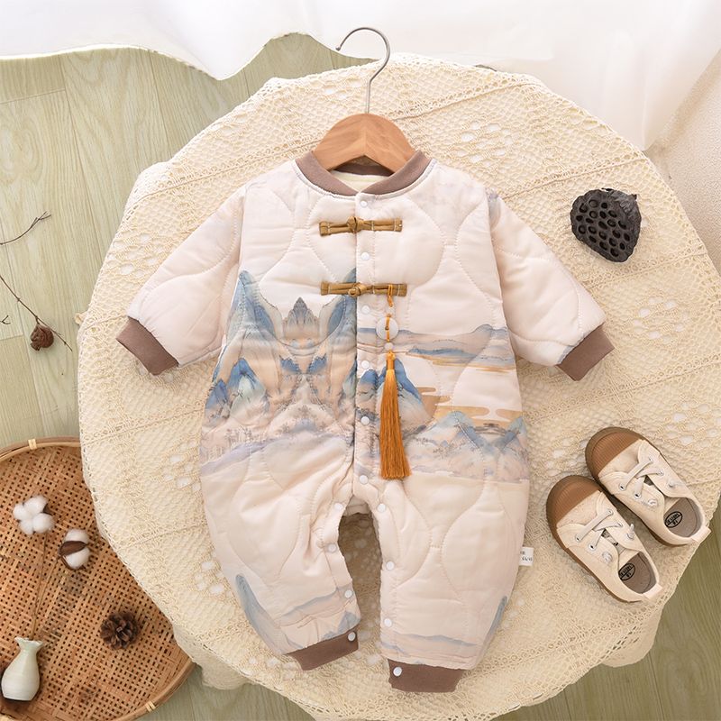 婴儿连体衣秋冬季夹棉加厚棉衣中国风新生宝宝衣服保暖哈衣外出服