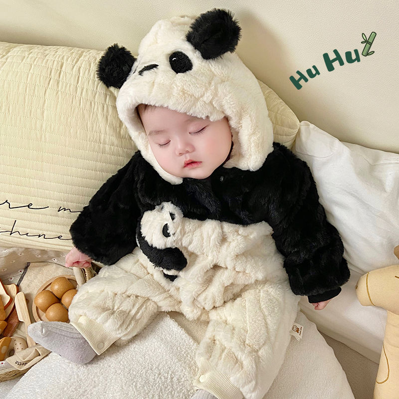 婴儿连帽连体衣冬季小熊猫宝宝衣服秋冬款外出服婴幼儿加绒哈儿童
