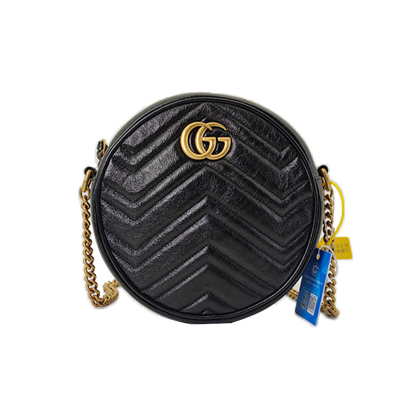 95新 GUCCI/古驰  marmont马尔蒙黑色圆饼包女士链条单肩斜挎包