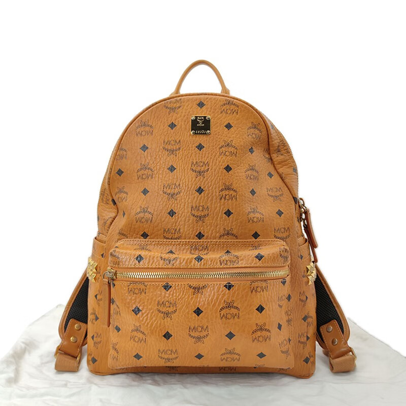 95新 MCM 经典侧面铆钉印花Logo焦糖色大学生时尚双肩包男女中号